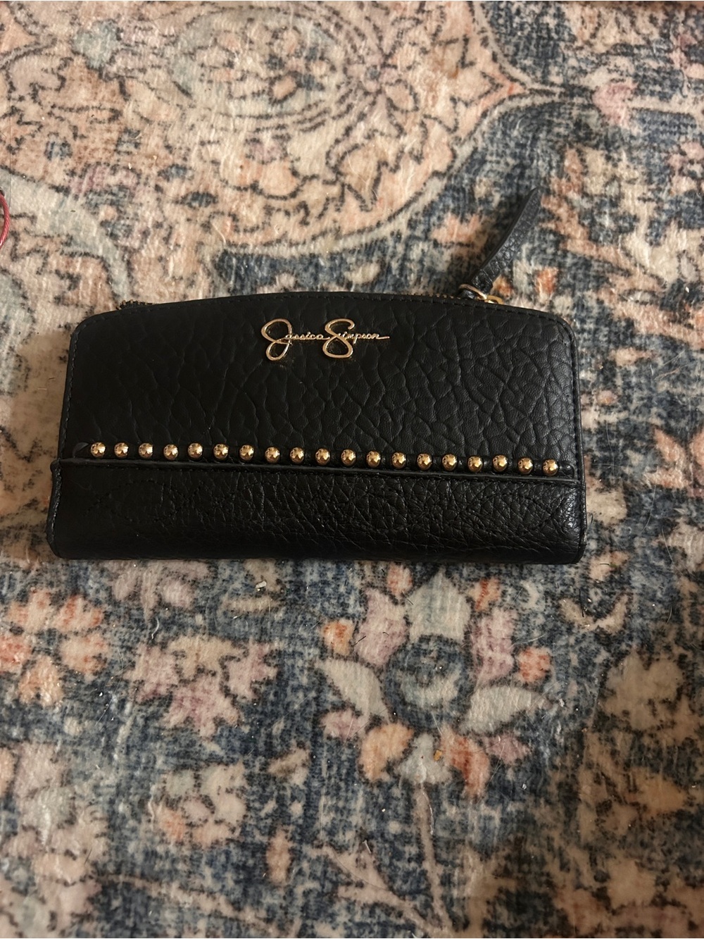 Jessica Simpson Black Zip Wallet with Gold Studs
